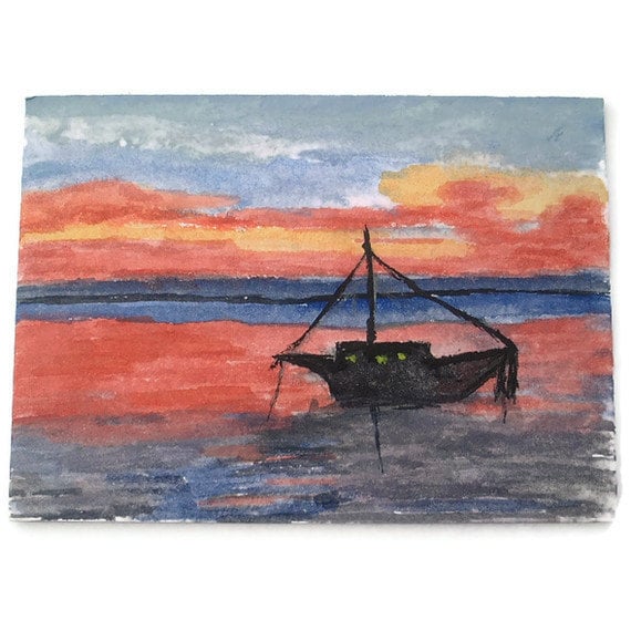 Boat at Sunset ACEO Original Watercolour by UniquelyYourDesigns