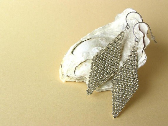 Earrings in Silver, Bohemian Handbeaded Diamond Shape Dangles