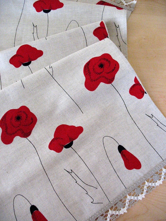 Linen Table Runner Tablecloth Natural Mother's Day Gifts White Gray Black Red poppy, Linen Lace 57,9" x 18,9"