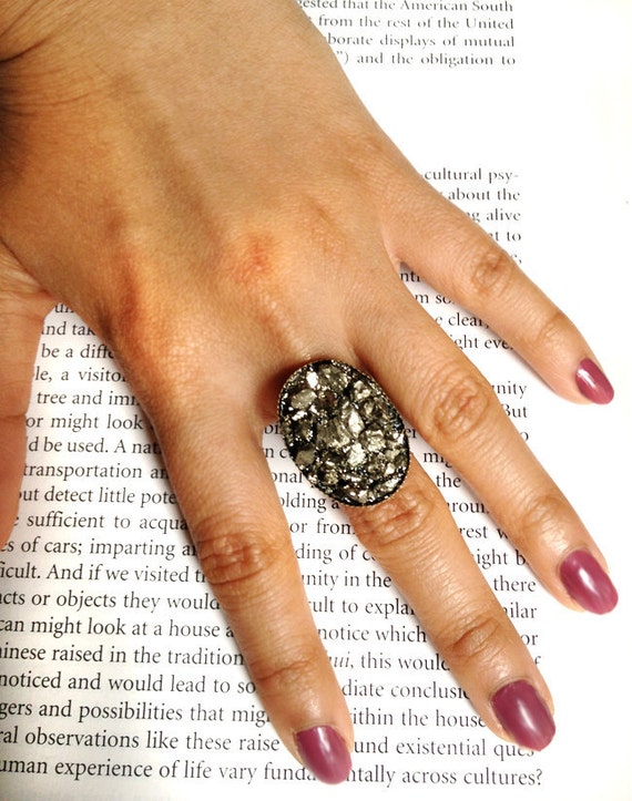 Pyrite Chunk  Ring, adjustable bronze filigree fool's gold vintage victorian nature rock iron ore