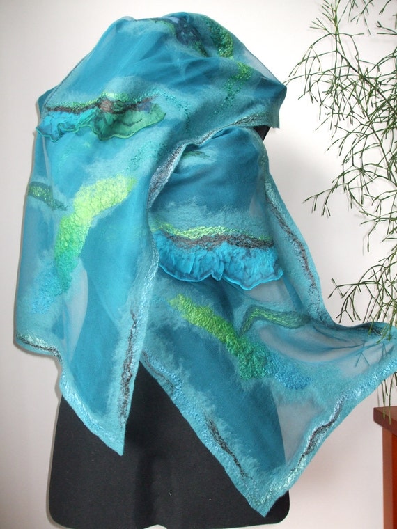 Spring Fashion Nuno Felted Wool Silk scarf shawl wrap  under 150 holiday mothers day gift for her for mom - Wave of sea