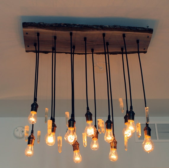 Live Edge Wood Chandelier with Antique bulbs and Quartz Crystals