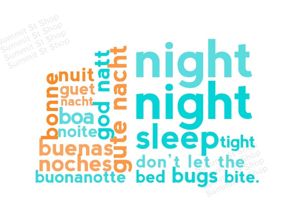 NIGHT Night Subway Art - Modern Childrens Nursery Art Decor DIGITAL PRINT - Orange & Teal - Languages