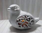 French Shabby Chic Country White Cast Iron Cut Out Bird Ambiance / Nightlight Candleholder