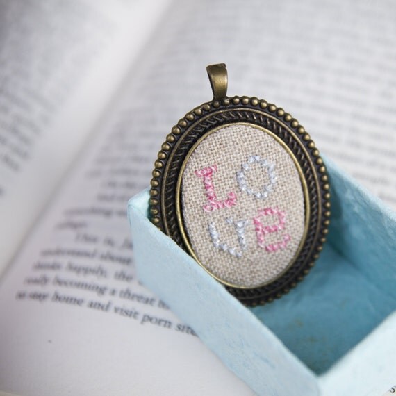 LOVE cross stitched pendant