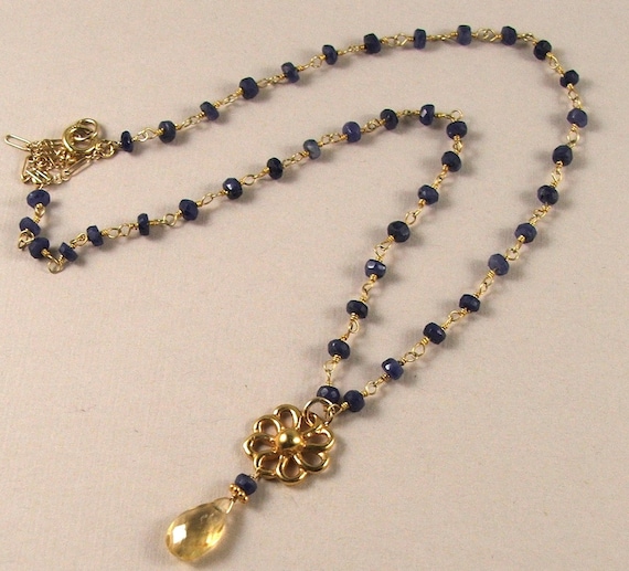 SAPPHIRE Rosary Necklace, Wire Wrap, Yellow, Citrine, Navy Blue, Dark Blue, Gold, Affordable, Gift, Delicate