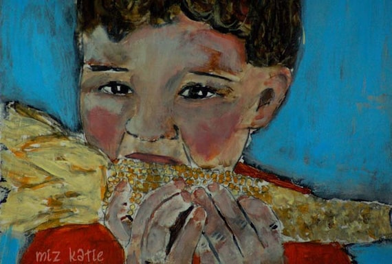 Acrylic Portrait Painting Little boy eating corn on the cob - original, 9x12, red, blue, yellow