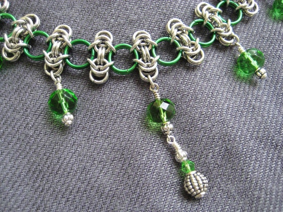 Chainmaille Statement Necklace - Collar Style - Emerald City - Green and Bright Aluminum