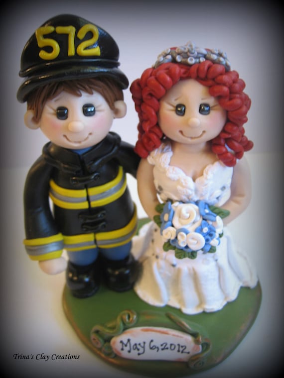 Wedding Cake Topper, Custom Bride and Fireman, Personalized Polymer Clay Firefighter Wedding or Anniversary Keepsake, Red Hair