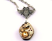 Steampunk Necklace - Beautiful Bee and Clockwork Design with Yellow Golden Topaz Swarovski Crystals - PROMPTLY SHIPPED - Steampunk Jewelry