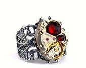 Steampunk Ring - Gorgeous Clockwork Design with Siam Red Swarovski Crystal - PROMPTLY SHIPPED - Steampunk Jewelry by London Particulars