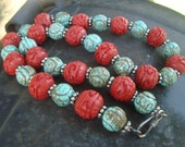 Carved red cinnabar and turquoise necklace