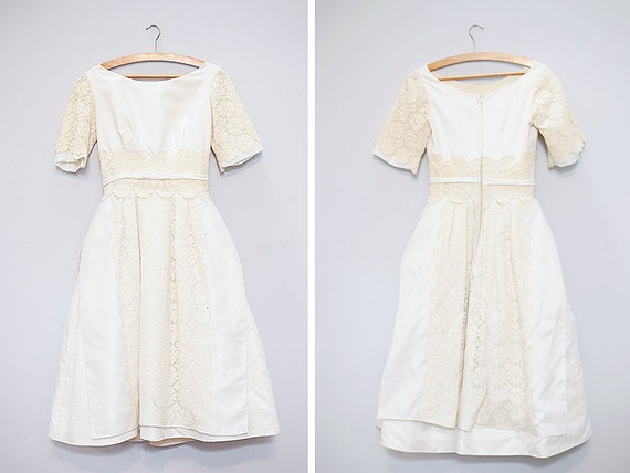 1960s Tea Length Lace Wedding Dress - XS