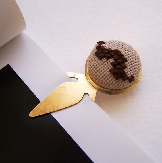 Bookstache Bookmark Mustache Brown and Brass Cross Stiched