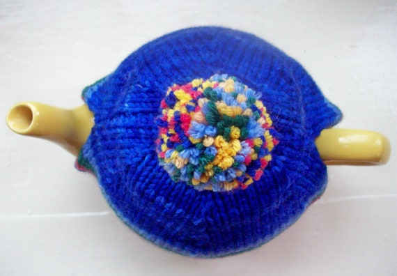 Pompom Tea Cosy   fun knit Teapot Cozy  blue by SpinningStreak