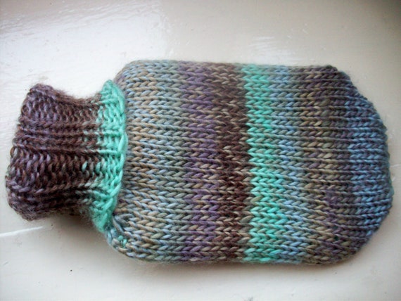 Fun hot water bottle and hand knitted knit cozy by SpinningStreak