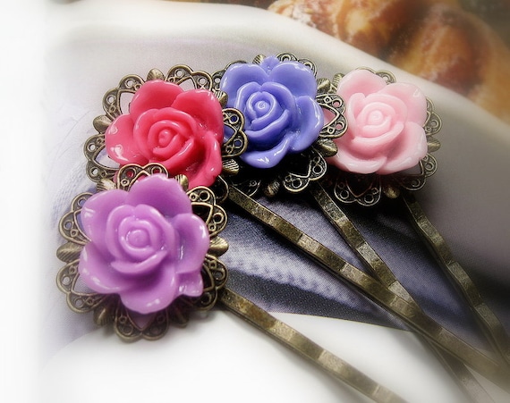 Flower Bobby Pins Violet Purple Pink Coral by jewelrybyNaLa