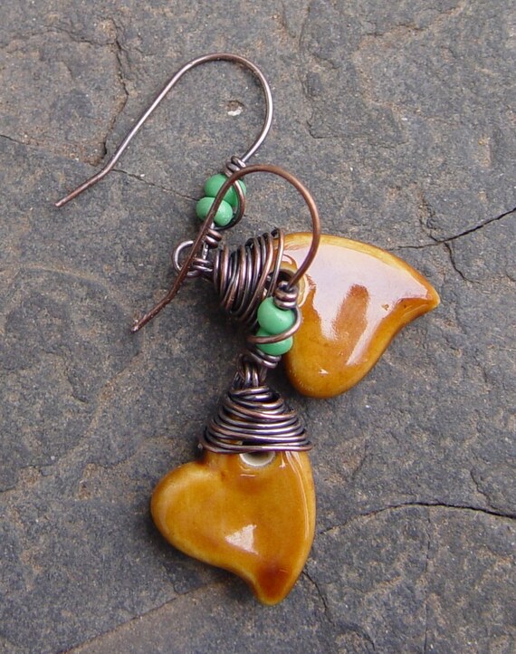 Ceramic Hearts Earrings - Turquoise Green Glass Beads and Copper Wrapped Boho Woodland AWMember