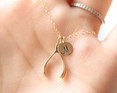 Tiny Gold Wishbone Necklace, Initial Disc Charm, Gold Filled Necklace - Bronze Wishbone Charm - Minimal Everyday Necklace, Good Luck