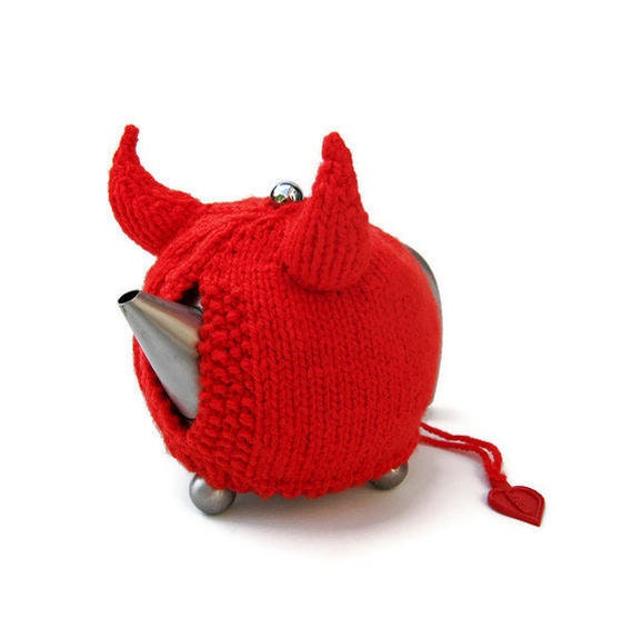Knit tea cosy red devil horns Halloween novelty tea cozy by jarg0n