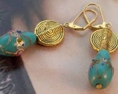 Turquoise gold Pears - Hand-painted Earrings