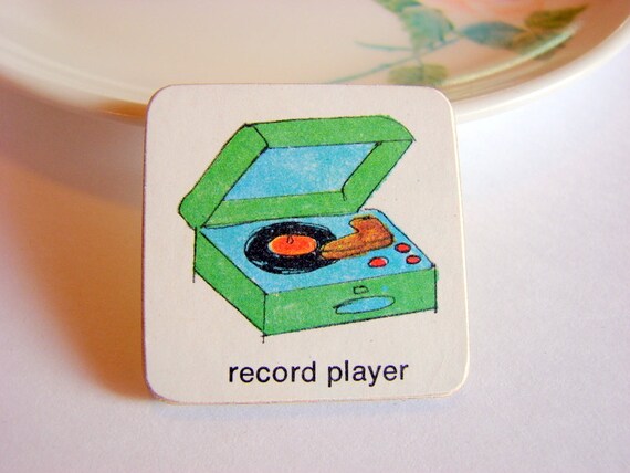 Record Player Pin  Medium Paper and Wood Decoupage by mimiandlucy