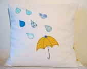 Umbrella and raindrops cushion cover, yellow and blue, free motion applique, linen and cotton. 40cm / 16"