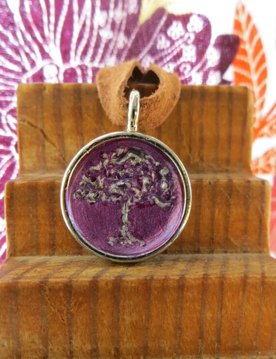 Silver 3D Tree with a Puple Background in a Small Silver Round Pendant