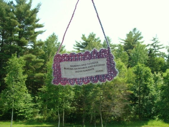 Wall Hanging Haiku Small Handwoven Ornament Fiber Art Poetry Hand Spun Pink Purple Lavender Wool Vintage Cotton Words