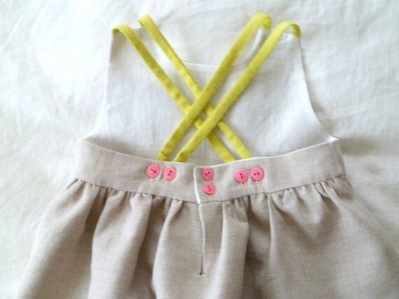 Natural Linen Dress with Pink Bone Buttons and Raw Silk Noil Neon Straps