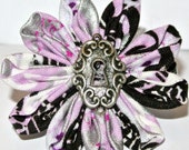 Pink, white, black and silver fabric daisy petal kanzashi flower hair clip