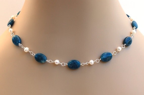 Apatite Pearl Necklace Teal Blue Handcrafted Sterling Silver Link Necklace
