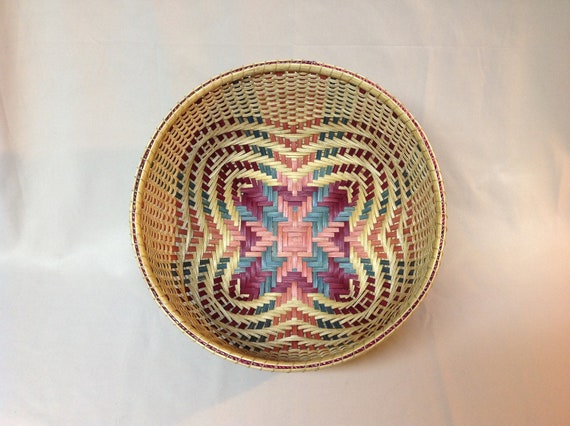 Large, Round Quatrefoil Basket, Hand Woven, Pink, Teal, Burgundy, Cathead Shape