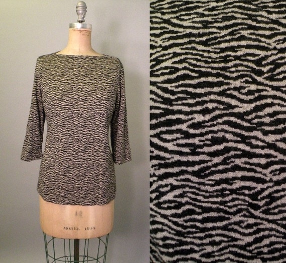 Vintage Animal Print Tiger Zebra Print Boatneck Sweater Top With 3/4 Sleeves