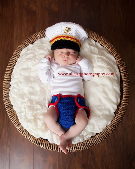 Original Design Crochet Marine Corps Officer Blues Cover and Diaper cover set, Baby Hat Photography prop