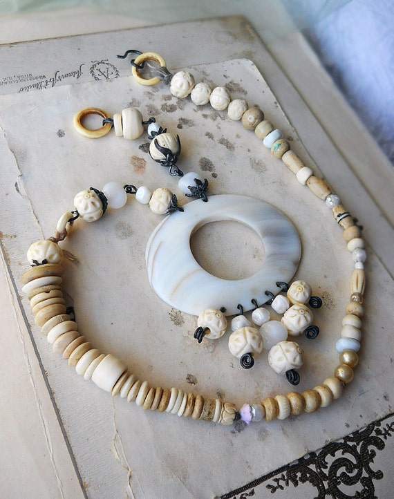 Beaded Necklace - Rustic Bone and Shell Assemblage Necklace - Mother of Pearl Chandelier Pendant - Cream and White Beads