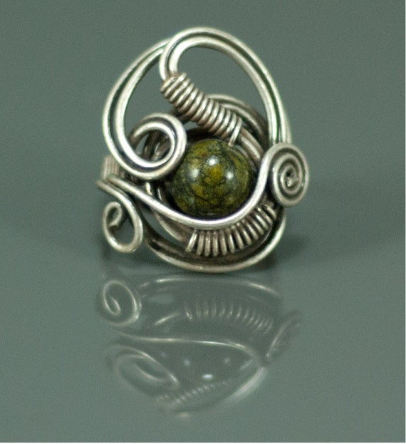 Jasper Ring, Adjustable ring- Tiger eyes green jasper Ring-wire wrapped jewelry handmade