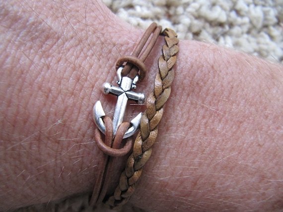 Nautical Silver Anchor Rustic Brown Braided Leather Single Wrap Bracelet