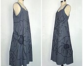 Gray Fitted and Flared A-Line Dress with Over-Sized Hand-Painted Black Flowers Inspired by the Tattooed Man