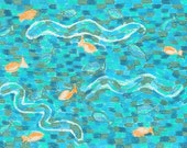 Snakes and Fishes, ACEO, original colored pencil drawing, water, river, ocean, sea, snakes, snake, fishes, fish, blue, orange