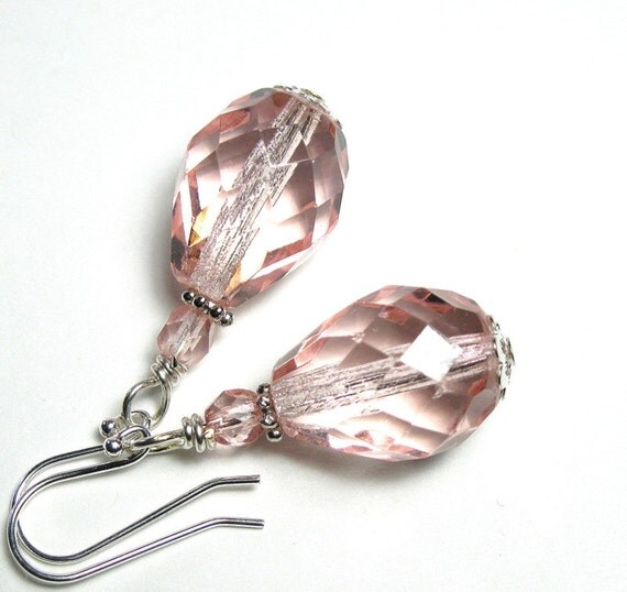 Dusty Pink Rose Czech Glass Sterling Silver Tear by jewelrybyNaLa