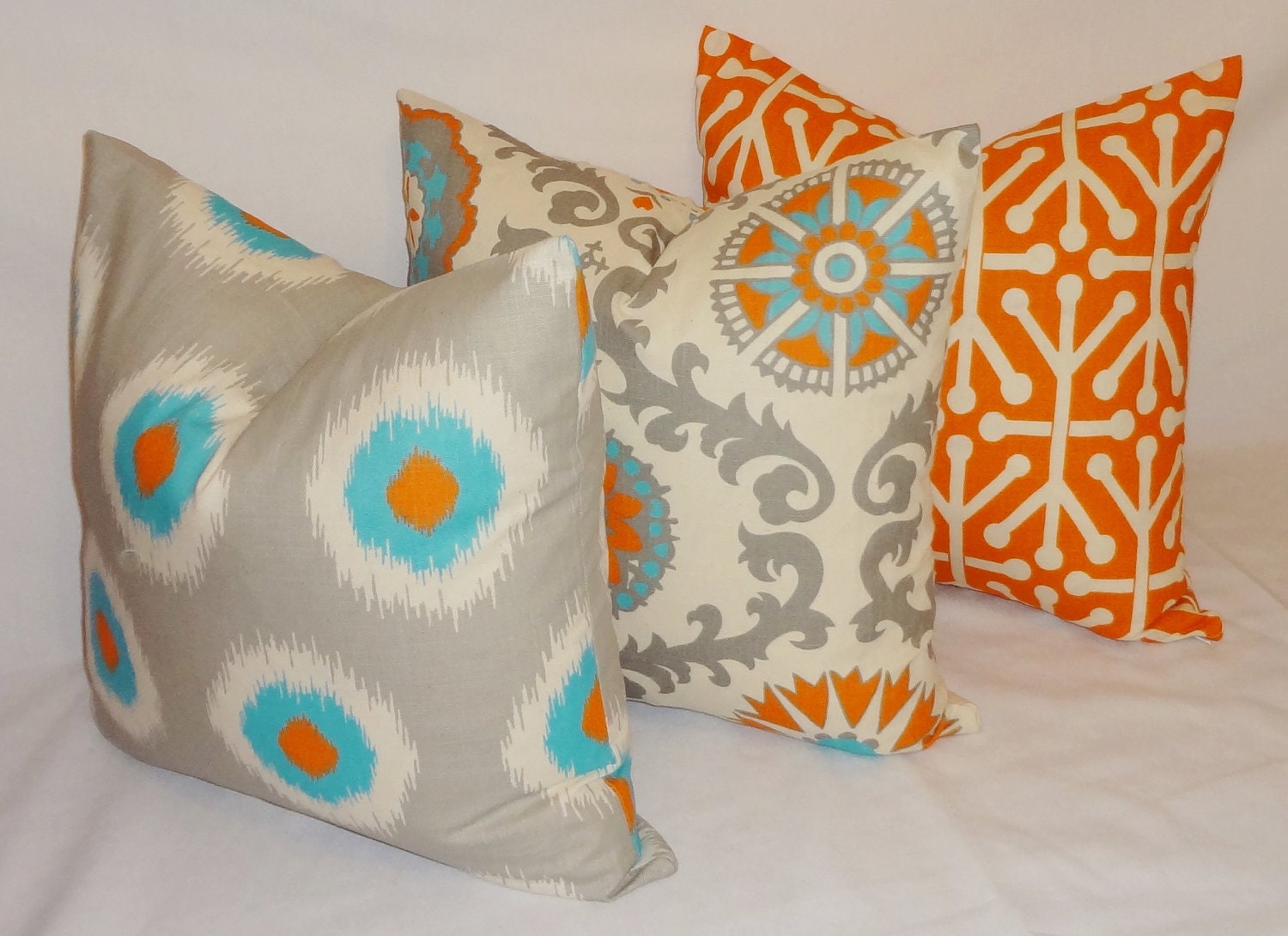 Pillow Trio Turquoise Blue Grey Orange Pillow Cover Decorative Throw ...