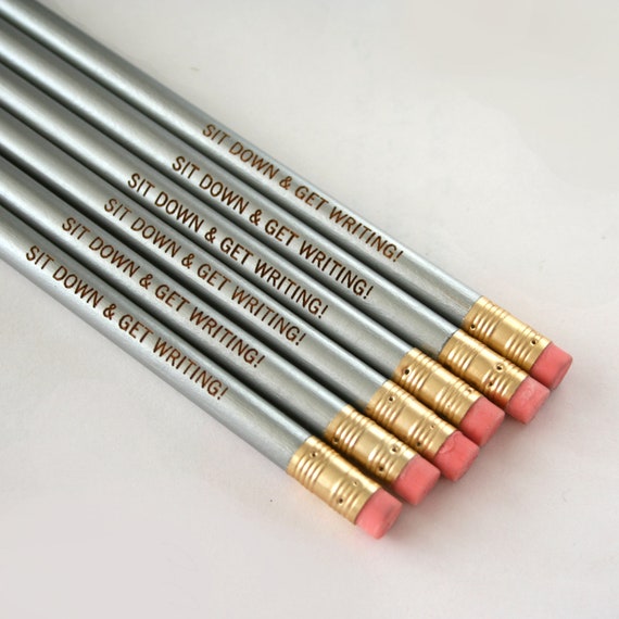 sit down and get writing 6 pencils in silver. back to school supplies.