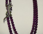 Handmade women purple glass bead necklace with rhinestones lezard
