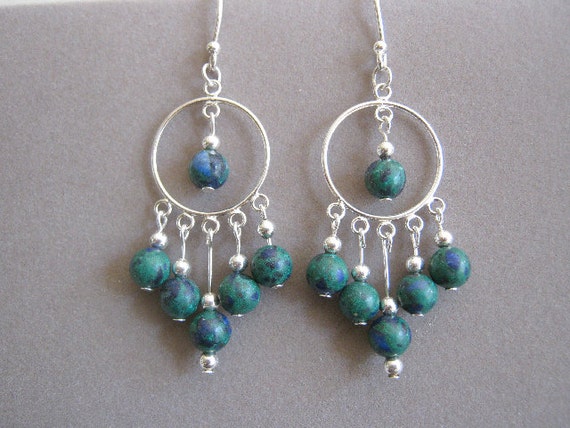 Malachite and Azurite Genuine Gemstone Sterling Silver Hoop Earrings