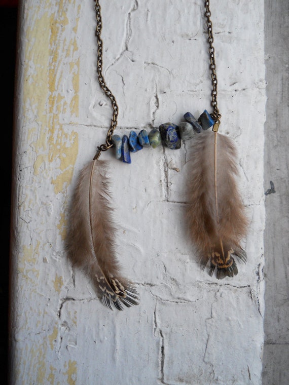 bella. lapis lazuli and feather necklace (brass, stone, bohemian, boho, blue)