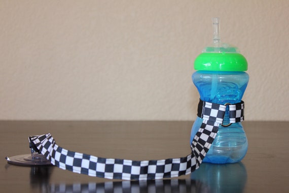 Bottle Tether, Toy Tether, Sippy Strap with Suction Cup- Checkered Flag