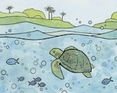 Sea Turtle Whimsical Illustration Print 5x7