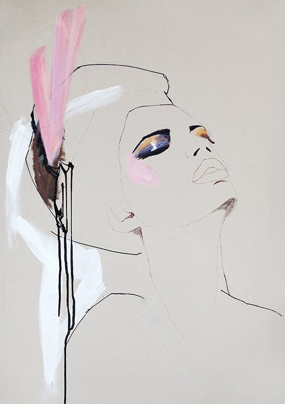 Fashion illustration, acrylic painting, girl, cream, pink, makeup