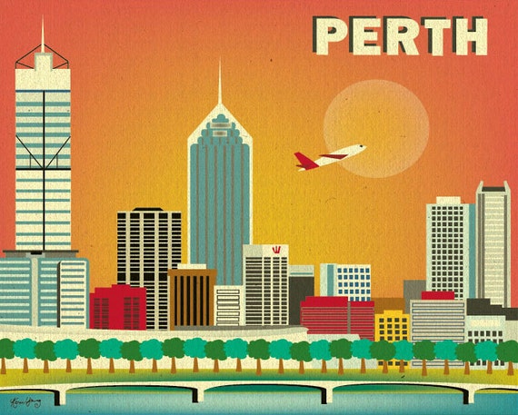 Perth, Australia Skyline 8 x 10 Poster Wall City Art for Homes, Gifts, and Nursery - Brand New - style - E8-O-PER